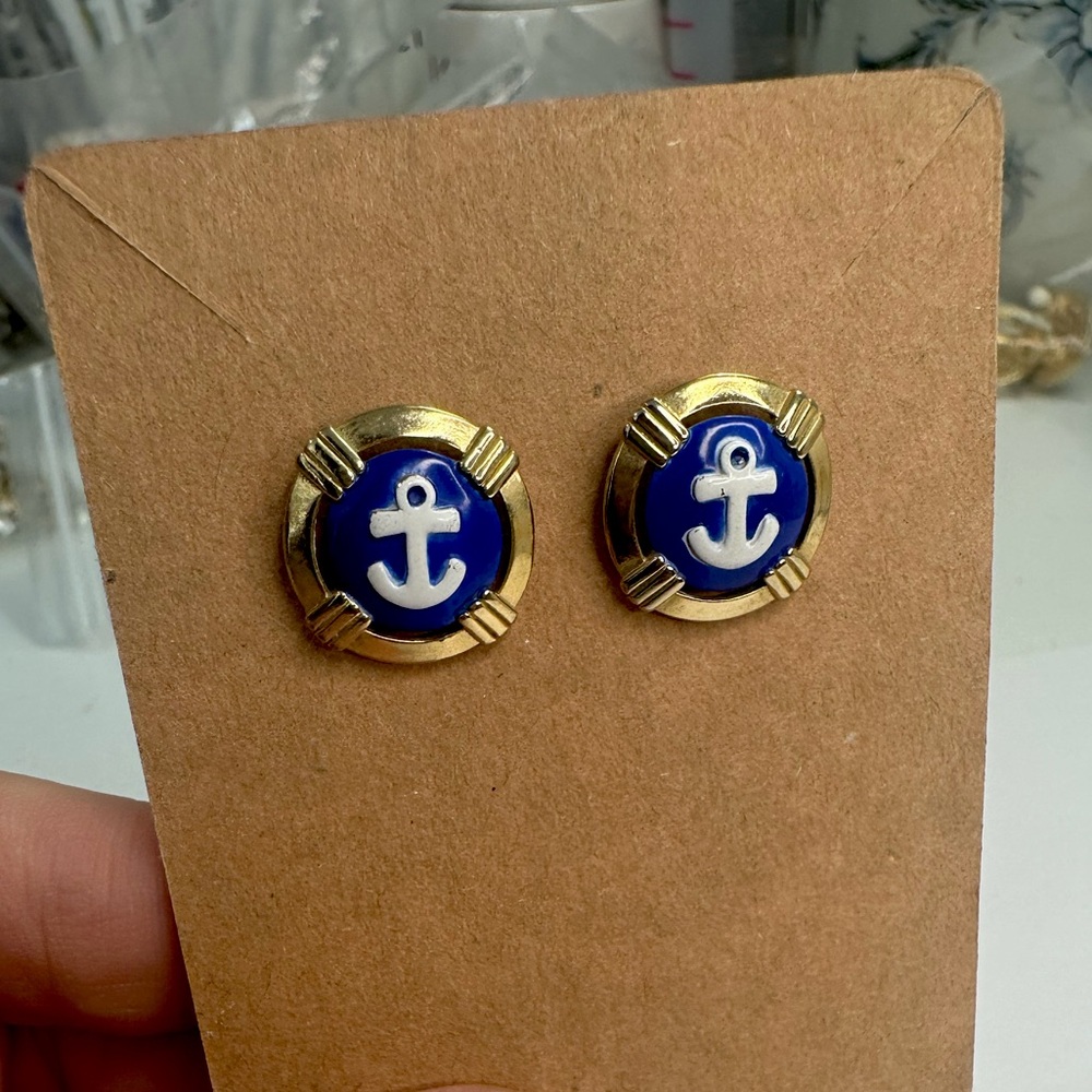 Vintage Nautical Anchor Gold Tone Post Earrings